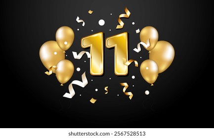 11. Gold numerals and balloons on black background.	