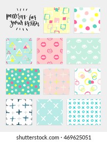 11 hand drawn seamless summer pattern set. Bright grunge textured colorfull vector illustration collection. Brush made abstract background. Trendy textures with triangles lips cross dots eyes circles