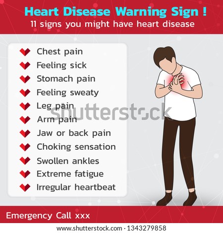 11 Heart Disease Warning Sign Infographic with Adult Man who has Chest Pain in Disease Symptoms Heart Attack , Need Emergency Call and Help from Professional Paramedic or Rescuer