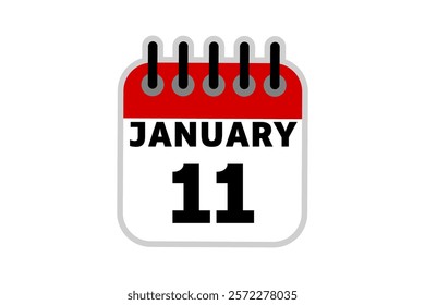 11 January calendar icon text page monthly web design on red, black and white background vector, icon, or illustration with the month of January 11