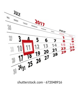 11 July highlighted on calendar 2017. Week starts from Monday. Vector Illustration.