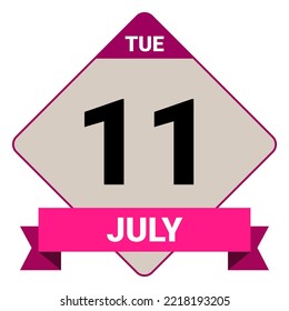 11 de julio, martes. Plantilla de fecha. Diseño útil para la promoción de calendarios o eventos. Ilustración vectorial Archivo EPS 10. Aislado sobre fondo blanco.