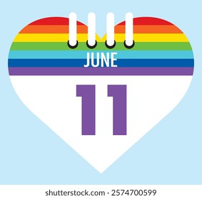 11 June calendar icon pride color heart shape on light sky blue color background, calendar vector symbol for the month of  June.