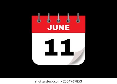 11 June calendar icon text page monthly web design on red, white and black background vector, icon, or illustration with the month of June 11