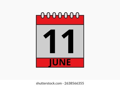 11 June calendar icon text page monthly web design on red, black and white background vector, icon, or illustration with the month of June 11