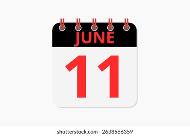11 June calendar icon text page monthly web design on red, black and white background vector, icon, or illustration with the month of June 11