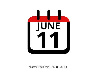 11 June calendar icon text page monthly web design on red, black and white background vector, icon, or illustration with the month of June 11