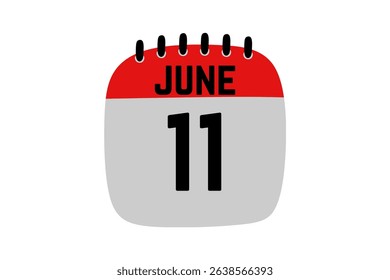 11 June calendar icon text page monthly web design on red, black and white background vector, icon, or illustration with the month of June 11