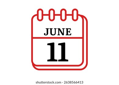11 June calendar icon text page monthly web design on red, black and white background vector, icon, or illustration with the month of June 11