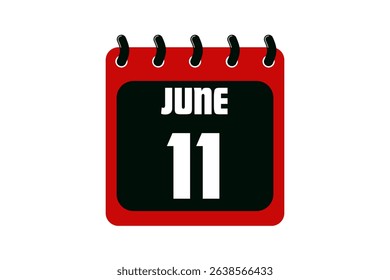 11 June calendar icon text page monthly web design on red, black and white background vector, icon, or illustration with the month of June 11