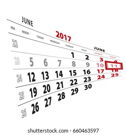 11 June highlighted on calendar 2017. Week starts from Monday. Vector Illustration.