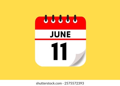 11 June month single day vector, illustration, calendar with red, black, white and yellow color background calendar June 11