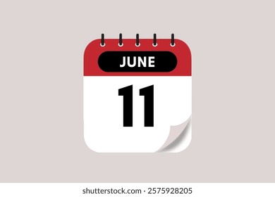 11 June month single day vector, illustration, calendar with rose red, black and off-white color background calendar June 11