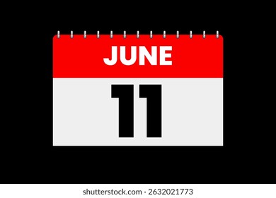 11 de junio mes Vector de un solo día, ilustración, calendario con rojo, blanco y negro color de fondo icono de calendario del 11 de junio