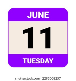 11 de junio, martes. Plantilla de fecha. Diseño útil para la promoción de calendarios o eventos. Ilustración vectorial Archivo EPS 10. Aislado sobre fondo blanco. 