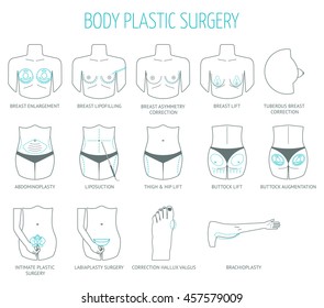 11 line body plastic surgery icons. Flat design. Vector illustration