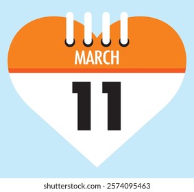 11 March calendar icon orange heart shape on light sky blue color background, calendar vector symbol for the month of March.