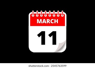 11 March calendar icon text page monthly web design on red, white and black background vector, icon, or illustration with the month of March 11