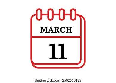 11 March calendar icon text page monthly web design on red, black and white background vector, icon, or illustration with the month of March 11