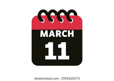 11 March calendar icon text page monthly web design on red, black and white background vector, icon, or illustration with the month of March 11