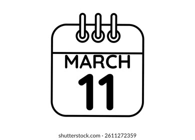 11 March calendar icon text page monthly web design on black and white background vector, icon, or illustration with the month of March 11