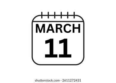 11 March calendar icon text page monthly web design on black and white background vector, icon, or illustration with the month of March 11