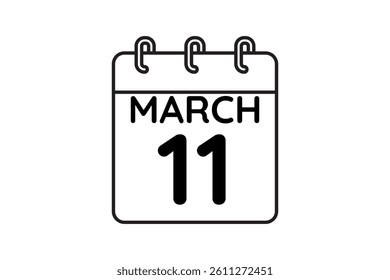 11 March calendar icon text page monthly web design on black and white background vector, icon, or illustration with the month of March 11