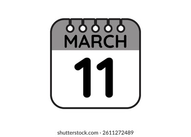 11 March calendar icon text page monthly web design on black and white background vector, icon, or illustration with the month of March 11
