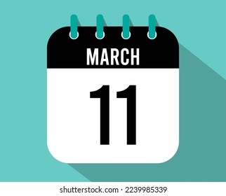 icono del calendario del 11 de marzo. Vector negro para el mes de marzo con efecto de sombra