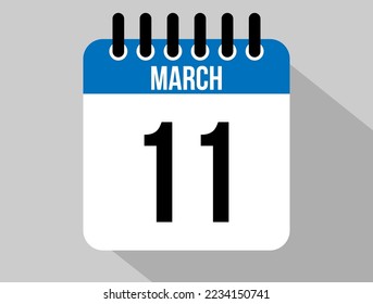 11 March calendar vector icon. Blue March date for the days of the month and the week on a light background