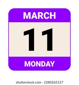 11 March, Monday. Date template. Useful design for calendar or event promotion. Vector illustration EPS 10 File. Isolated on white background. 