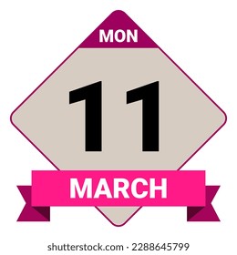 11 de marzo, lunes. Plantilla de fecha. Diseño útil para la promoción de calendarios o eventos. Ilustración vectorial Archivo EPS 10. Aislado sobre fondo blanco. 