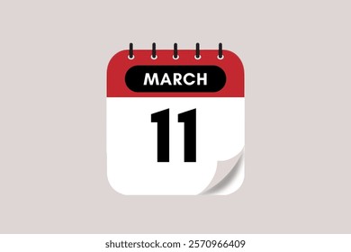 11 March month single day vector, illustration, calendar with rose red, black and off-white color background calendar March 11