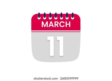 11 March month single day vector, illustration, calendar with red, off white and white color background calendar March 11