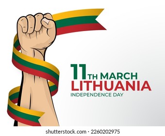 11 March. Vector illustration of Happy Independence Day greeting card for the country of Lithuania with clenched fists and a flag ribbon. Use for banners on a white background.