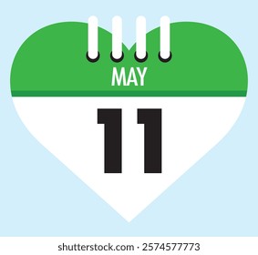 11 May calendar icon green heart shape on light sky blue color background, calendar vector symbol for the month of May.