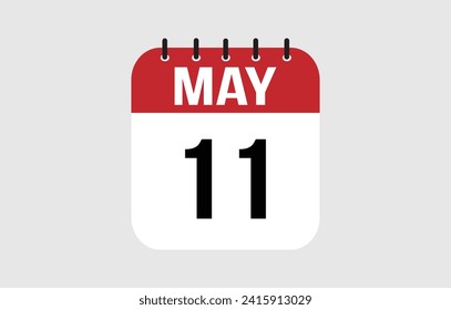 icono del calendario del 11 de mayo. Vector de página del calendario rojo para los días y semanas de mayo.