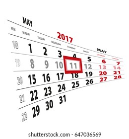 11 May highlighted on calendar 2017. Week starts from Monday. Vector Illustration.