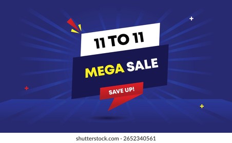 11 to 11 mega sale save up editable web banner vector art template design badge icon label white dark blue red gradient shapes blue light sunshine abstract background perfect for promotions
