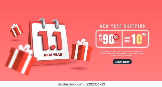 1.1 New Year Sale with 3D Calendar. January sales banner template design for social media and website. svg
