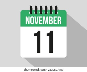 11 November calendar vector icon. Green November date for the days of the month and week