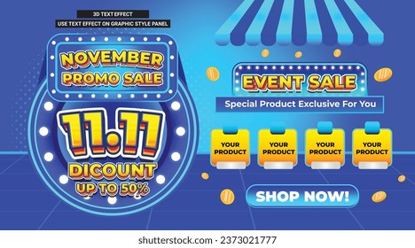 11 11 NOVEMBER DISCOUNT 50 PERCENT EVENT SALE 3D TEXT EDITABLE CASHBACK FLASH SALE SOCIAL MEDIA PROMO GIVEAWAY TEMPLATE BACKGROUND