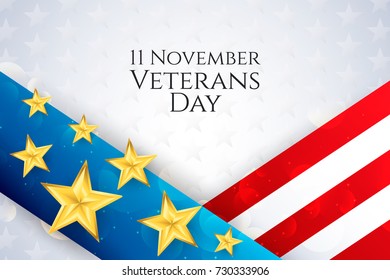 11 november, Happy Veterans Day flyer, banner or poster with balloons and stars. Holiday background with stripes in us national colors. Vector flat illustration.