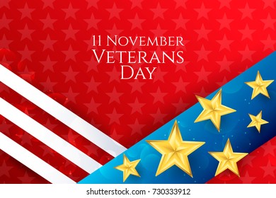 11 november, Happy Veterans Day flyer, banner or poster with balloons and stars. Holiday background with stripes in us national colors. Vector flat illustration.