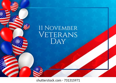 11 november, Happy Veterans Day flyer, banner or poster with balloons and stars. Holiday background with stripes in us national colors. Vector flat illustration.