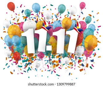 11 November with jesters cap, balloons and confetti on the white. Eps 10 vector file.