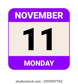 11 de noviembre, lunes. Plantilla de fecha. Diseño útil para la promoción de calendarios o eventos. Ilustración vectorial Archivo EPS 10. Aislado sobre fondo blanco. 