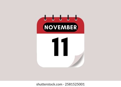 11 November month single day vector, illustration, calendar with rose red, black and off-white color background calendar November 11