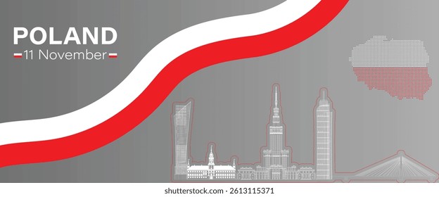 11 November, Poland Independence Day, Waving poland flags, Patriotic Symbolic background Vector illustration, Poland Banner with map