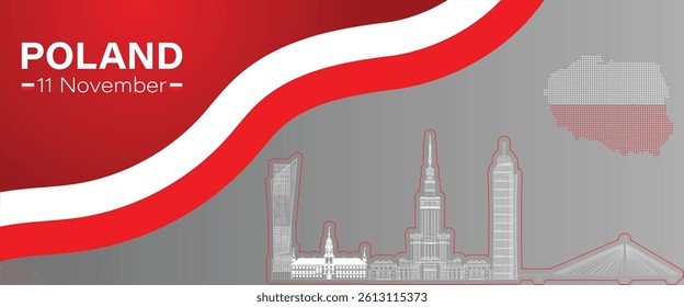11 November, Poland Independence Day, Waving poland flags, Patriotic Symbolic background Vector illustration, Poland Banner with map